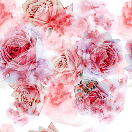 Bright seamless pattern with flowers. Rose Watercolor illustration. Hand drawn.の写真素材