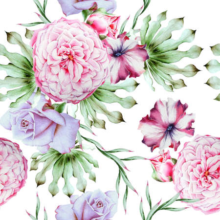 Bright seamless pattern with flowers. Rose Petunia. Peony. Watercolor illustration. Hand drawn.の写真素材