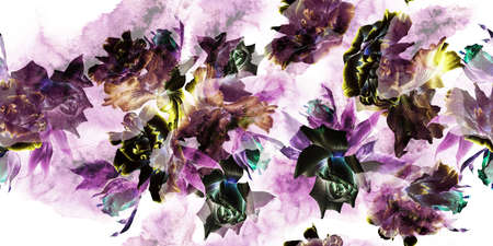 Bright seamless pattern with flowers. Rose Eustoma. Iris. Watercolor illustration. Hand drawn.の写真素材