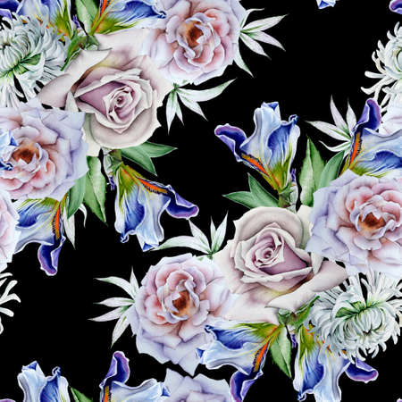 Bright seamless pattern with flowers. Rose Iris. Watercolor illustration. Hand drawn.の写真素材