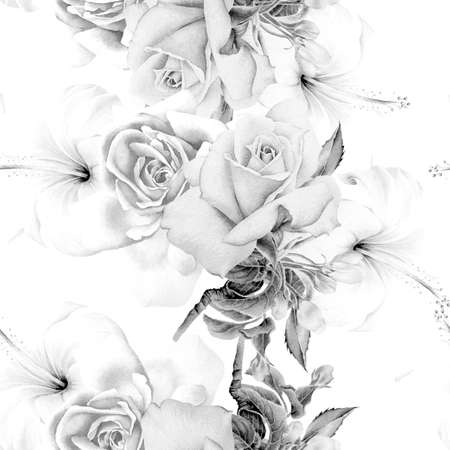 Bright seamless pattern with flowers. Rose Hibiscus. Watercolor illustration. Hand drawn.の写真素材