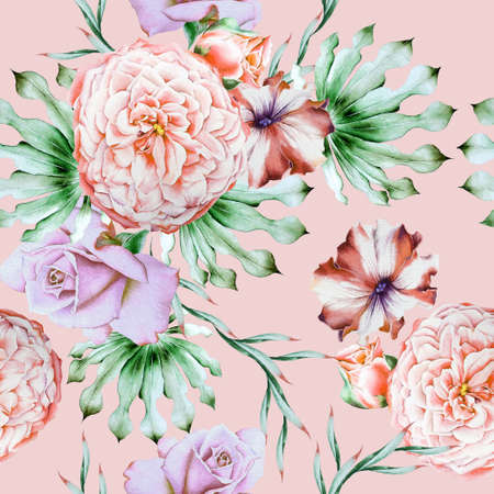 Bright seamless pattern with flowers. Rose Petunia. Peony. Watercolor illustration. Hand drawn.の写真素材