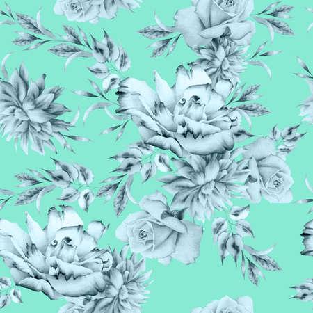 Bright seamless pattern with flowers. Watercolor illustration. Rose Peony. Eustoma. Hand drawn.の写真素材