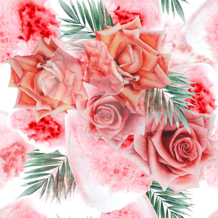 Bright seamless pattern with flowers. Rose Watercolor illustration. Hand drawn.の写真素材
