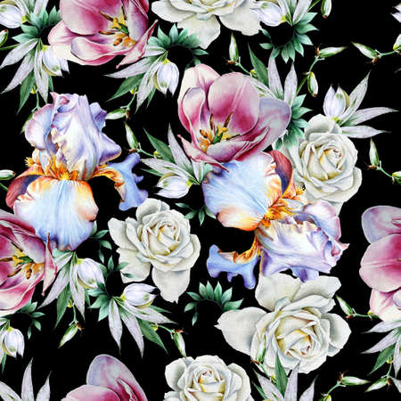 Bright seamless pattern with flowers. Rose Iris. Watercolor illustration. Hand drawn.の写真素材
