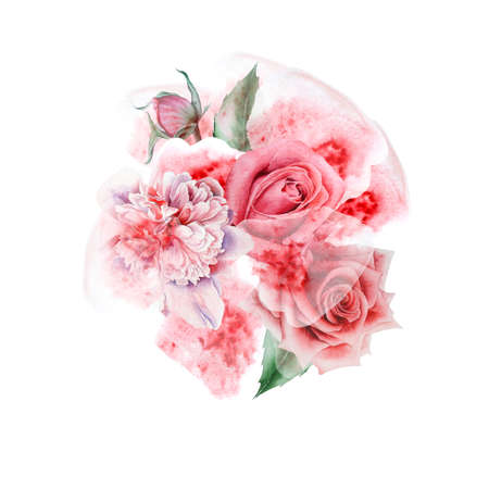 Watercolor bouquet with flowers. Rose Peony. Illustration. Hand drawn.の写真素材