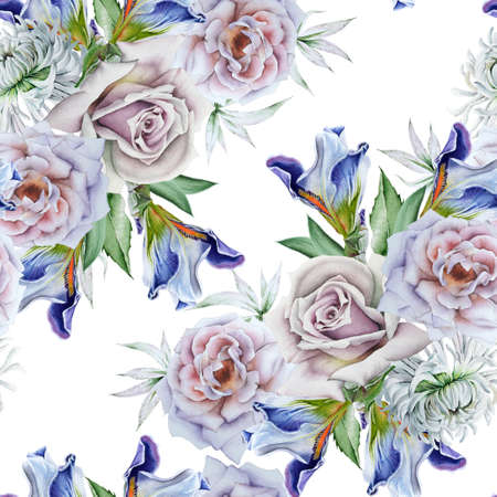 Bright seamless pattern with flowers. Rose Iris. Watercolor illustration. Hand drawn.の写真素材