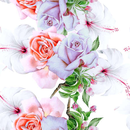Bright seamless pattern with flowers. Rose Hibiscus. Watercolor illustration. Hand drawn.の写真素材