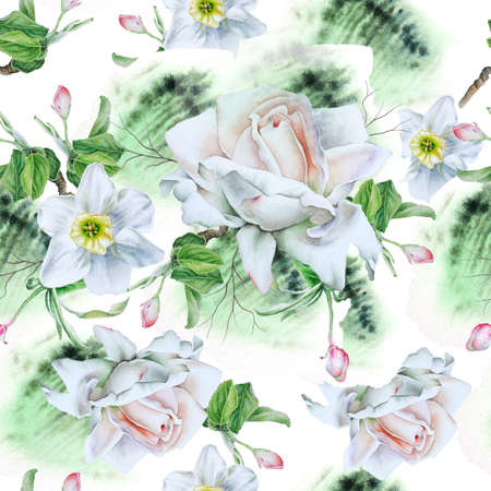 Bright seamless pattern with flowers. Watercolor illustration. Rose Narcissus Hand drawn.の写真素材