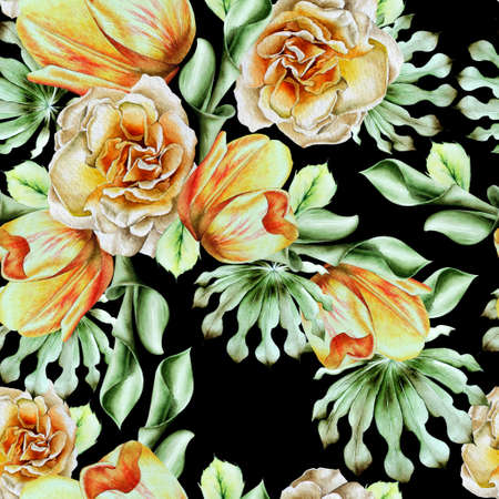 Bright seamless pattern with flowers. Rose Tulip. Watercolor illustration. Hand drawn.の写真素材