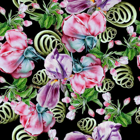 Watercolor bouquet with flowers. Rose Iris. Illustration. Hand drawn.の写真素材