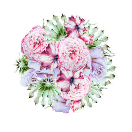 Watercolor bouquet with flowers. Rose Peony. Petunia. Illustration. Hand drawn.の写真素材