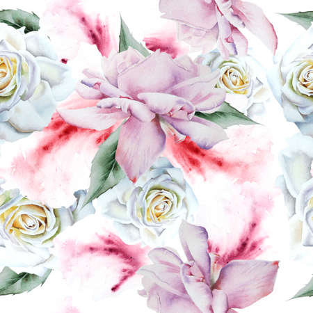 Bright seamless pattern with flowers. Rose Watercolor illustration. Hand drawn.の写真素材
