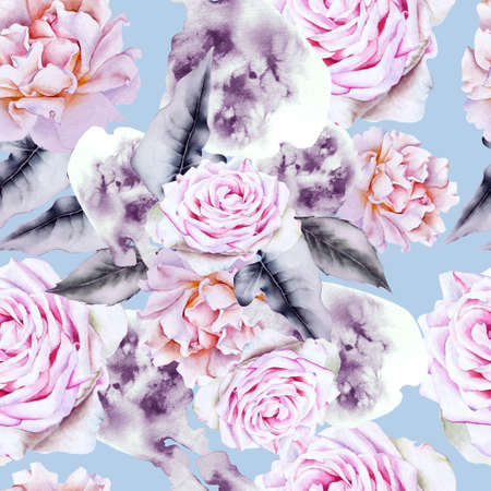 Bright seamless pattern with flowers. Rose Watercolor illustration. Hand drawn.の写真素材