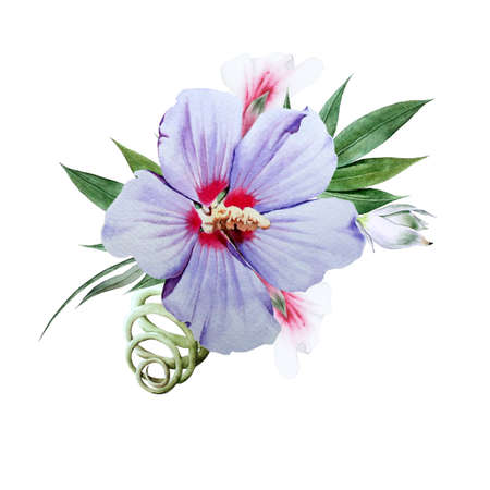 Watercolor bouquet with flowers. Hibiscus. Yucca. Illustration. Hand drawn.の写真素材