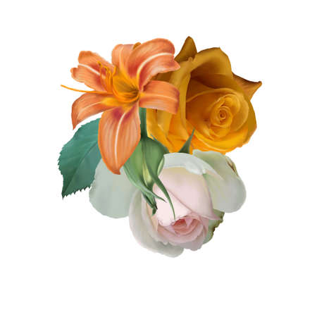Watercolor bouquet with flowers. Illustration. Rose. Lily. Digital drawing.の写真素材