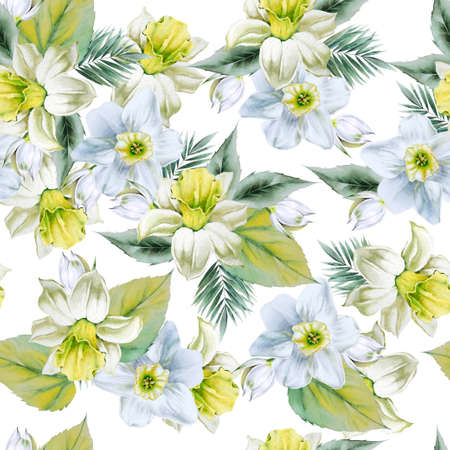 Bright seamless pattern with flowers. Narcissus. Yucca. Hand drawn.の写真素材