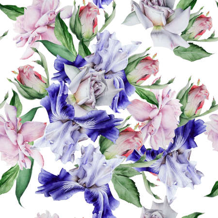 Bright seamless pattern with flowers. Iris. Rose. Hand drawn.の写真素材