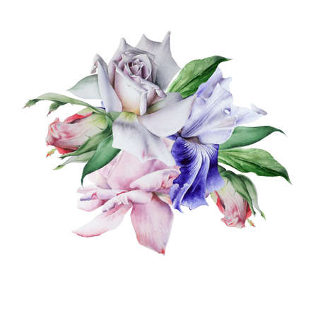 Watercolor bouquet with flowers. Rose. Iris. Illustration. Hand drawn.の写真素材