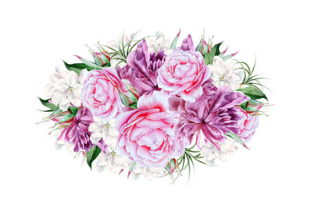 Watercolor bouquet with flowers. Rose. Peony. Illustration. Hand drawn.の写真素材