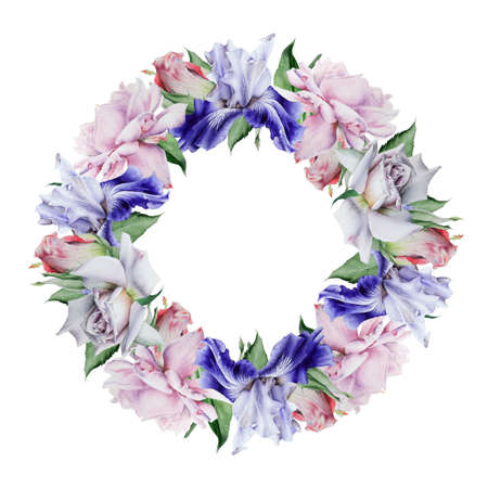 Floral watercolor wreath with rose and iris. Illustration. Hand drawn.の写真素材
