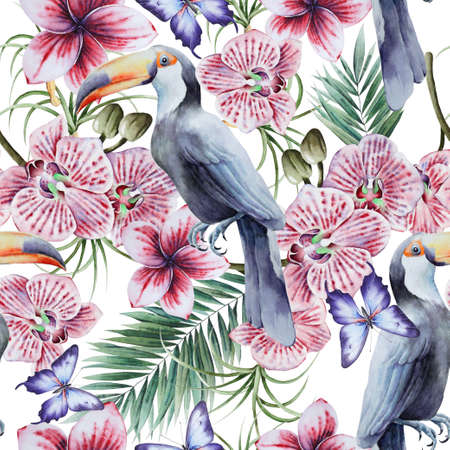 Tropical seamless pattern with birds leaves and flowers. Tucan. Orchid. Watercolor illustration. Hand drawn.の写真素材