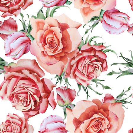 Bright seamless pattern with flowers. Rose Watercolor illustration. Hand drawn.の写真素材