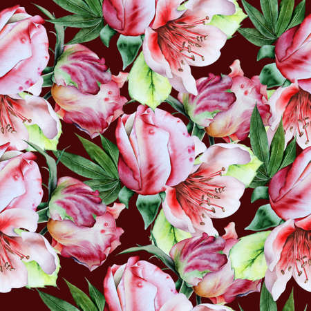 Bright seamless pattern with flowers. Rose Watercolor illustration. Hand drawn.の写真素材