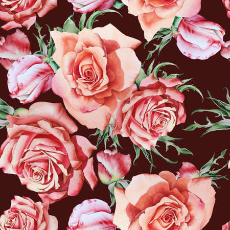 Bright seamless pattern with flowers. Rose Watercolor illustration. Hand drawn.の写真素材