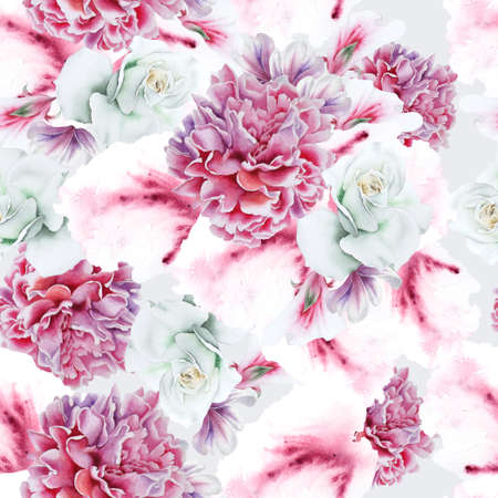 Bright seamless pattern with flowers. Rose Watercolor illustration. Hand drawn.の写真素材