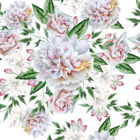 Bright seamless pattern with flowers. Rose Watercolor illustration. Hand drawn.の写真素材