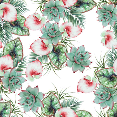 Beautiful watercolor seamless pattern with tropical leaves. Hand drawn.の写真素材