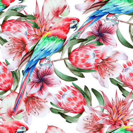 Bright tropical seamless pattern with parrots and flowers. Watercolor illustration. Hand drawn.の写真素材