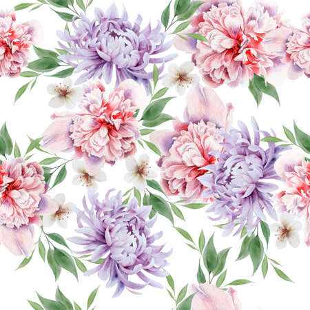 Bright seamless pattern with flowers. Peony. Watercolor illustration. Hand drawn.の写真素材