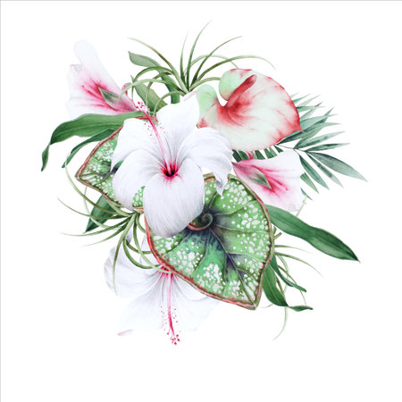 Illustration with tropical flowers and leaves. Hand drawn.の写真素材