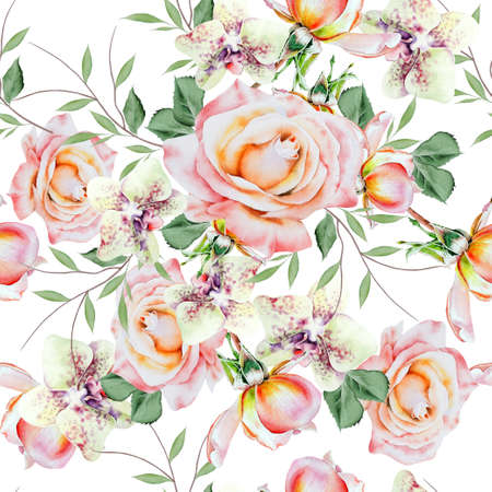 Bright seamless pattern with flowers. Rose. Orchid. Watercolor illustration. Hand drawn.