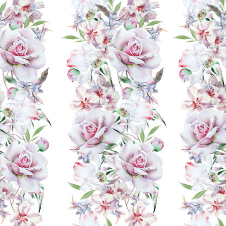 Bright seamless pattern with flowers. Rose. Watercolor illustration. Hand drawn.の写真素材