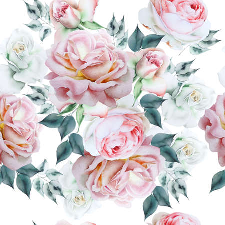 Bright seamless pattern with flowers. Rose. Watercolor illustration. Hand drawn.の写真素材