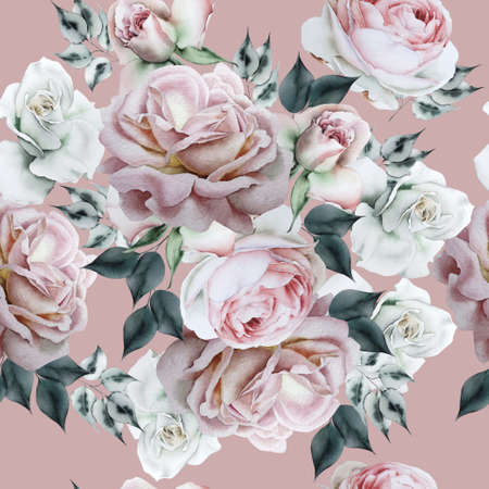 Bright seamless pattern with flowers. Rose. Watercolor illustration. Hand drawn.の写真素材