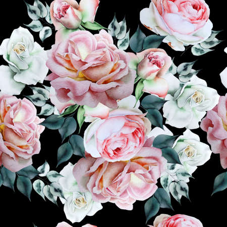 Bright seamless pattern with flowers. Rose. Watercolor illustration. Hand drawn.の写真素材