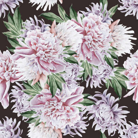 Bright seamless pattern with flowers. Peony. Watercolor illustration. Hand drawn.の写真素材