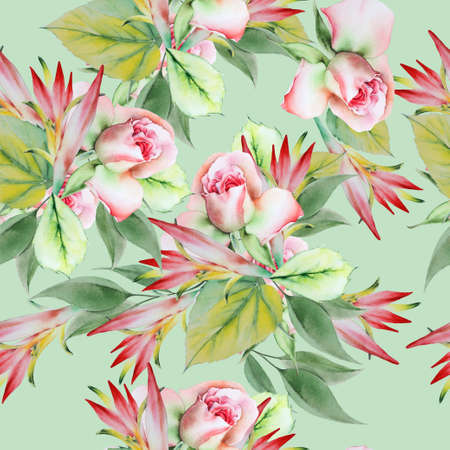 Bright seamless pattern with flowers. Rose. Watercolor illustration. Hand drawn.の写真素材