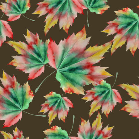 Seamless pattern with autumn leaves. Watercolor illustration. Hand drawn.の写真素材