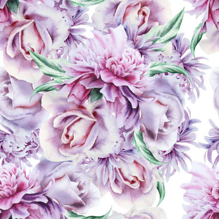 Bright seamless pattern with flowers. Rose. Peony. Watercolor illustration. Hand drawn.の写真素材