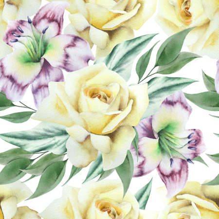 Bright seamless pattern with flowers. Rose. Watercolor. Hand drawn.の写真素材