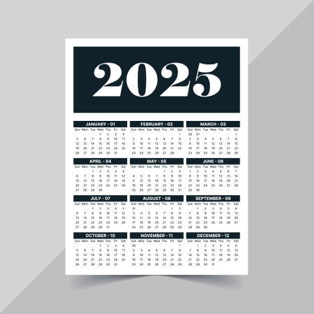 Modern and clean 2025 calendar design template isolated on a white backgroundのイラスト素材