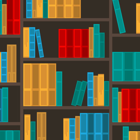 Bookshelves with multicoloured book spines. Books on a shelf illustration backgroundのイラスト素材