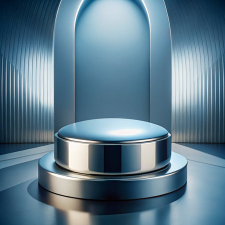 3d rendering of a round podium on a blue background. Mock upの素材