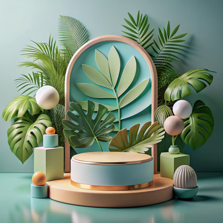 3d render of abstract minimal geometric forms. Glossy podium for product presentation with green tropical leaves and plants.の素材