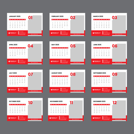 Vector 2025 desk calendar 12 page template table calendar 2025 planner template week starts on Mondayのイラスト素材